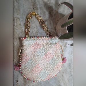 Pastel Sequin Potli Bag w/ Multicolor Pearl Handle + Tassels